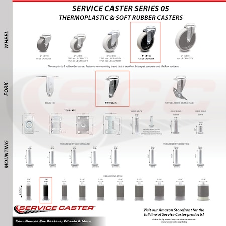 Service Caster 4 Inch Thermoplastic Wheel 7/8 Inch Expanding Stem Caster Set with 2 Brakes SCC-EX05S410-TPRS-78-2-SLB-2